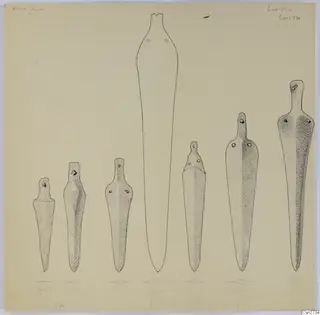 Drawing of seven bronze knives with rivet holes, shown in a row and grouped under labels below.