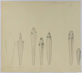 Drawing of seven bronze knives laid out in a row, several with small rivet holes near the top