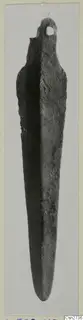 Bronze tool: a long, pointed blade with a hole through a loop at one end.