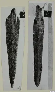 Two corroded bronze tools, each photographed separately and mounted side by side on a card.