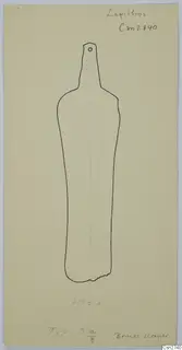 Outline drawing of a bronze tool with a small hole near the top, on pale green card.