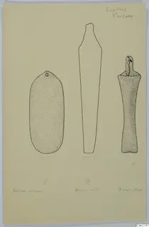 Drawing of three bronze tools: an oval tool with a hole, a long slender knife and a tool with a tang.