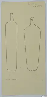 Pencil drawing of two vessel outlines side by side, one tall and narrow, one wider with a short neck, on pale green paper.