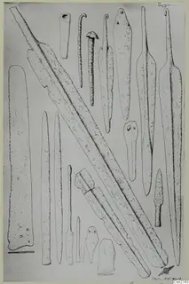 Ink drawing of bronze tools laid out on a sheet, including a long diagonal blade, a serrated blade, pointed rods and hooked pieces