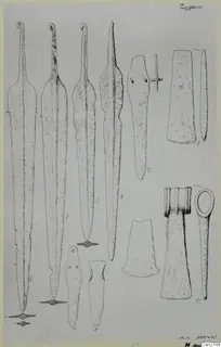 Line drawing of bronze blades, axes and tools laid out on a sheet