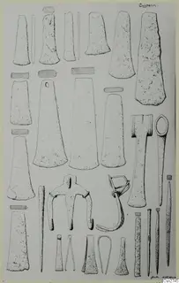 Ink drawing of bronze tools, including axes, chisels, tongs and pins, laid out in rows on a pale sheet.