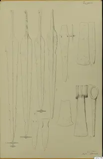 Drawing of bronze tools and blades, including long blades with curled tangs, flat-tanged pieces and socketed implements.
