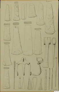 Ink drawing of stone axes, chisels and bronze tools arranged on a sheet