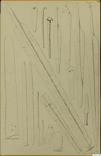 Drawing of bronze tools and weapons: long blades, pointed tanged pieces, hooked pins and short flat pieces on a pale sheet