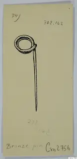 Ink drawing of a bronze pin with a ring-shaped head on a pale yellow card
