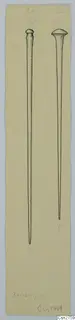 Ink drawing of two long bronze pins with domed heads, one longer than the other