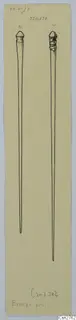 Ink drawing of two long pins with rounded heads on a narrow strip of pale yellow card