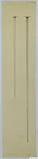 Drawing of two long bronze pins, one thin and one thicker with a flat head, on a tall yellowish sheet