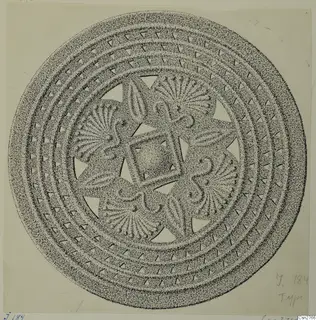Drawing of a circular bronze object from Idalion with concentric bands and fan-shaped motifs around a central square