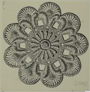 Stippled ink drawing of a bronze disc with a central ring and radiating lobes around it