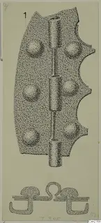 Drawing of bronze utensils from Idalion: a flat plate with a central tube and two small hook-shaped pieces below