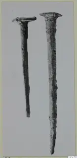 Two corroded nails with flat heads, standing upright side by side