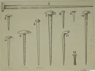 Drawing of a group of nails with varied heads and shanks, one with a bent shank