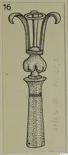 Ink drawing of a bronze object with a tall tapering shaft, a lobed knob and three curled flanges at the top.