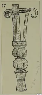 Drawing of a bronze utensil with two curled arms at the top and a knobbed, stepped stem.