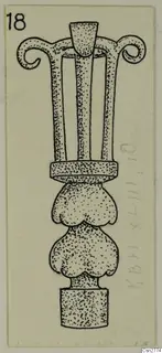Drawing of a bronze utensil with curled scroll tops, three upright rods and stacked lobed sections on a plain base
