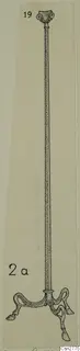 Field drawing of a bronze stand with a tall slender rod, a scroll-decorated top and three curved legs ending in hoof-like feet