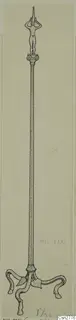 Pen drawing of a tall bronze stand topped by a small nude female figure with raised arms