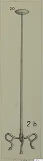 Drawing of a bronze utensil with a tall thin shaft, a flat disc at the top and three curled feet at the base.