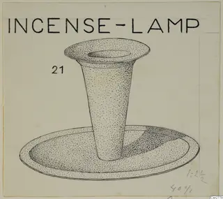 Stippled ink drawing of a vessel with a wide flared rim on a tall stem, standing on a broad dish-shaped base