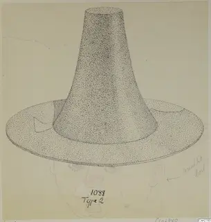 Ink drawing of a bronze torch holder, a tall tapering tube on a wide flat base, with a faint pencil face outline behind it
