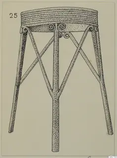 Drawing of a bronze stand with a coiled rim and spiral scrolls