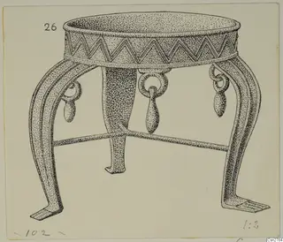 Drawing of a bronze three-legged stand with a zigzag-banded rim, a crossbar between its legs and hanging ring attachments
