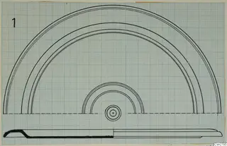 Field drawing of a bronze utensil from Marion: plan of concentric arcs above a side profile with a handle