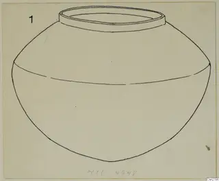 Line drawing of a wide, round-bodied vessel with a flat collar rim