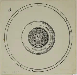 Drawing of bronze utensils seen from above: concentric rings and dots inside a larger outer ring with small holes