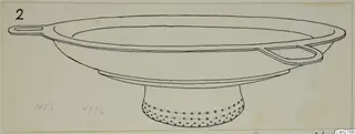 Line drawing of a bronze bowl with two horizontal handles and a tall footed base.