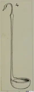 Drawing of a bronze ladle with a long handle that curves over into a hooked tip and a shallow rounded bowl.