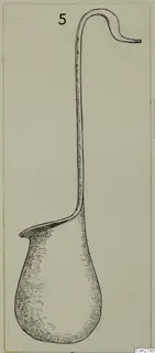 Drawing of a bronze utensil with a deep rounded bowl, a pouring lip and a long handle ending in a hook.