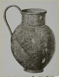 Drawing of a bronze jug with a tall loop handle and a wide flat rim