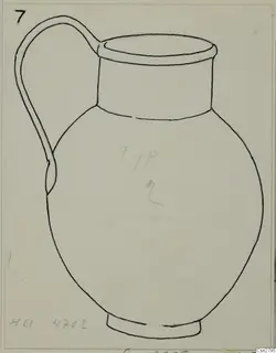 Line drawing of a jug with a tall loop handle and a flared foot, on a card sheet