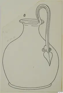 Drawing of a bronze jug with a tall looped strap handle and a leaf-shaped lower attachment, from the Marion tombs 31–45 series.
