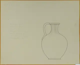 Pencil drawing of a single-handled jug, with handwritten measurements written beside it