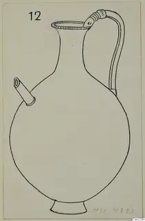 Line drawing of a jug with a side spout, a strap handle and a ring base, on a pale card.