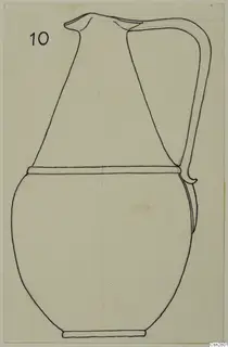 Line drawing of a jug with a wide spout, a tall loop handle and a raised band at the shoulder.