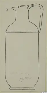 Line drawing of a jug with a tall body, a pointed spout and a strap handle