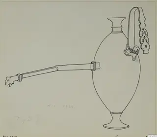Line drawing of a bronze jug with a long spouted handle ending in a head-shaped terminal and a pierced strap handle.