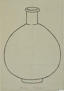Ink drawing of a round-bodied vessel with a tall straight neck, flared rim and short ring foot