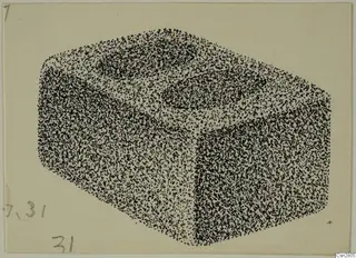 Stippled drawing of a box-shaped bronze utensil with a raised lid