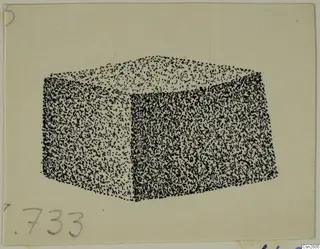 Stippled ink drawing of a box-shaped bronze object from Idalion