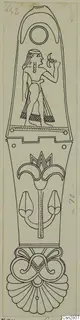 Drawing of bronze horse-trappings: a tall plaque with a figure in a niche above lotus and scroll ornament